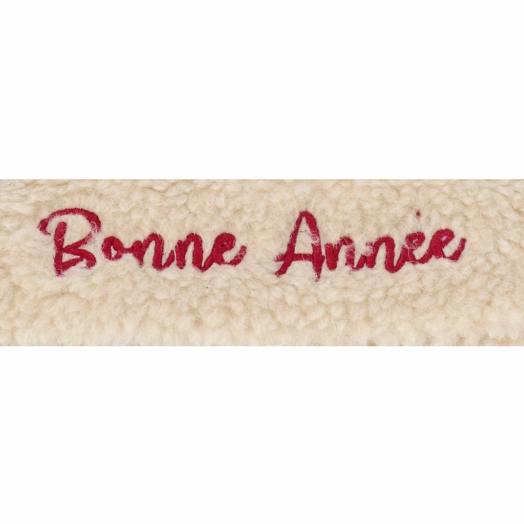 BONNET EN JEANS AVEC FOURRURE ET BRODERIE BONNE ANNEE