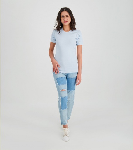 [05-010-02-331-K282-L] T-shirt côtelé femme manches courtes basic (Bleu ciel, L)