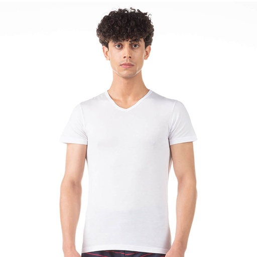 [05-010-02-122-K000-L] T-shirt homme col V en coton pur (Blanc, L)