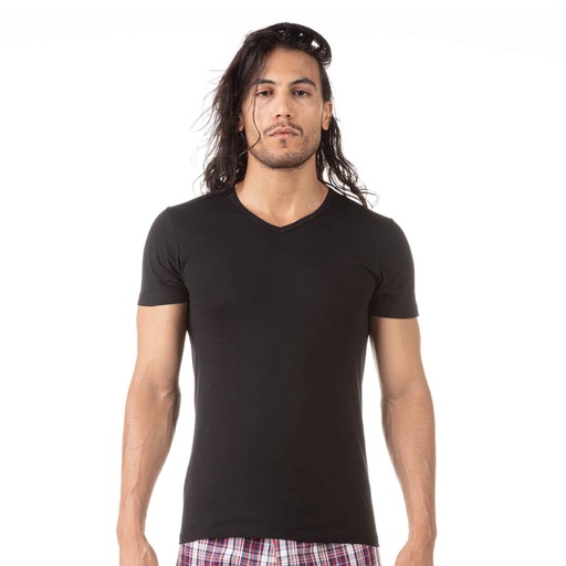 [05-010-02-122-K040-L] T-shirt homme col V en coton pur (Noir, L)