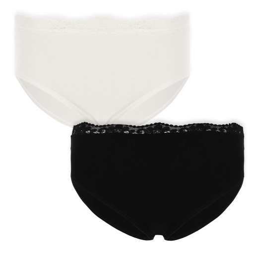 [05-010-38-001-K163-L] Lot de 2 slips taille mi-haute femme bords dentelle et coton stretch (Blanc/Noir, L)