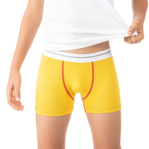 [05-010-06-022-K033-10A] Boxer garçon avec surpiqures contrastées en coton stretch (Jaune, 10A)
