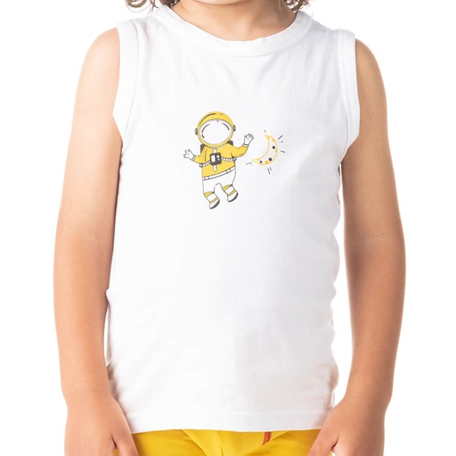 [05-010-12-075-K000-2A] Débardeur garçon cosmonaute en coton pur (Blanc, 2A)
