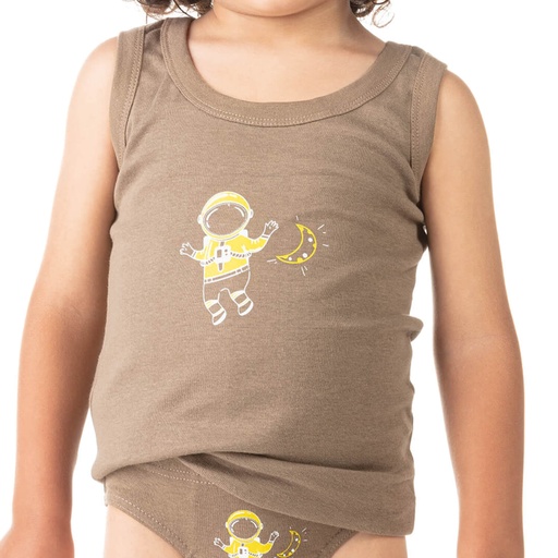 [05-010-19-025-K133-2A] Singlet garçon cosmonaute en coton pur (Vert kaki, 2A)