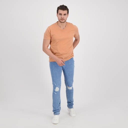 [05-010-02-342-K042-L] T-shirt flammé homme manches courtes col V avec poche poitrine (Orangé, L)