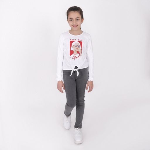 [05-010-02-432-K000-10A] T-shirt fille manches longues noué YOU GO GIRL (Blanc, 10A)