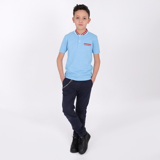 [05-010-15-027-K002-10A] Polo col mao garçon manches courtes avec poche passepoile (Bleu, 10A)