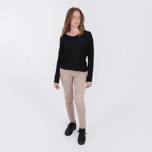 [05-010-02-435-K040-3XL] T-shirt col V femme manches longues avec broderie (Noir, 3XL)