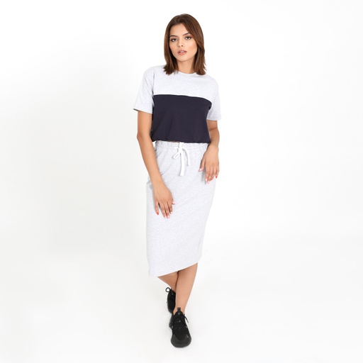 [05-010-02-436-K536-L] T-shirt femme manches courtes en molleton avec découpe (Gris Chiné &amp; Bleu Marine, L)