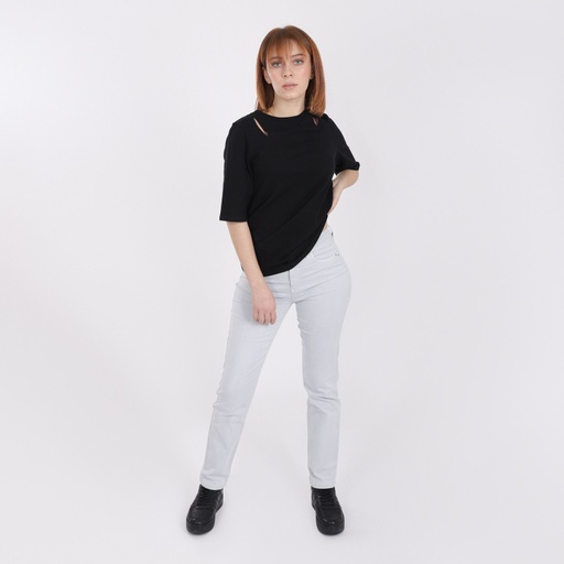 [05-010-02-438-K040-L] T-shirt femme manches courtes en piqué avec broderie (Noir, L)
