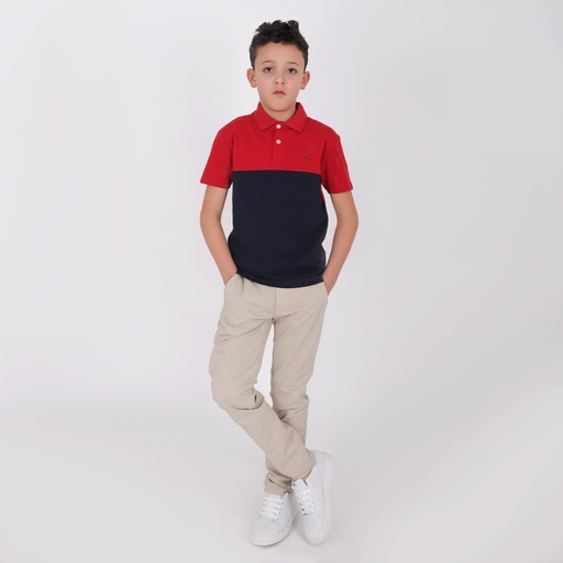 [05-010-15-039-K560-10A] Polo garçon manches courtes bi-couleurs (Rouge Bordeaux/Bleu Marine, 10A)
