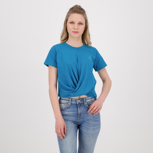 [05-010-02-473-K061-L] T-shirt crop femme nouée avec broderie (Bleu Turquoise, L)