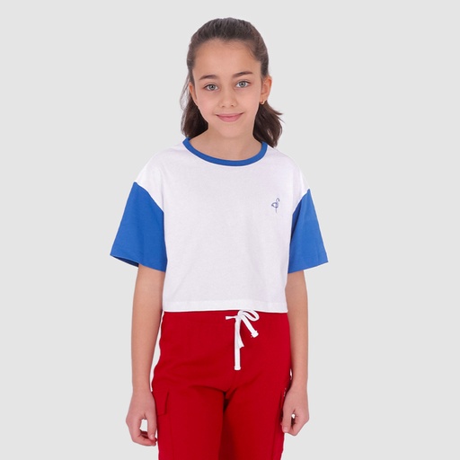 [05-010-02-507-K682-10A] T-shirt crop fille avec manches contrastées et broderie (Blanc/Bleu Roi, 10A)