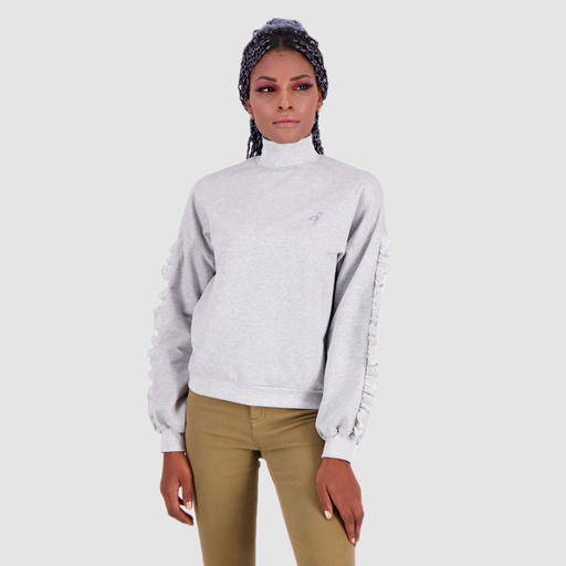 [05-010-36-096-K025-L] Sweat femme col cheminée avec volant sur les manches et broderie (L)
