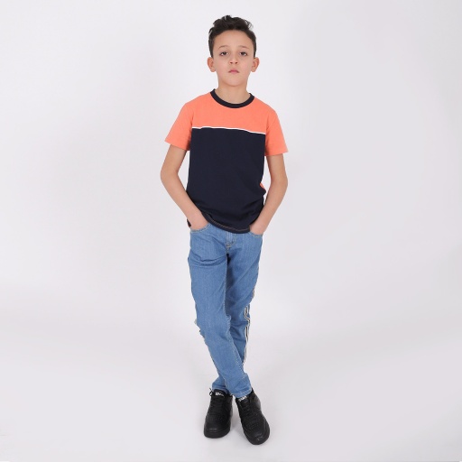[05-010-02-153-K747-10A] T-shirt garçon bi-couleurs avec pipping (Bleu Marine/Orangé, 10A)