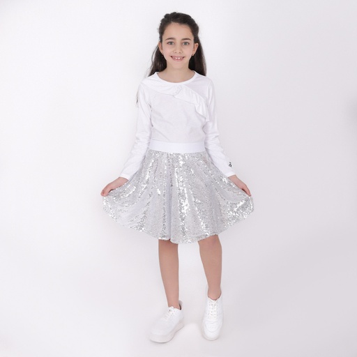 [05-010-02-165-K000-10A] T-shirt fille manches longues avec volant (Blanc, 10A)