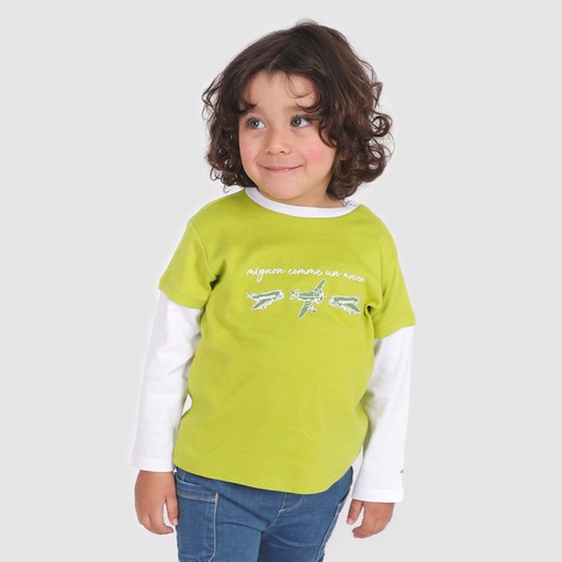 [05-010-02-164-K447-12M] T-shirt côtelé bébé manches longues contrastées MIGNON COMME UN AVION (12M)