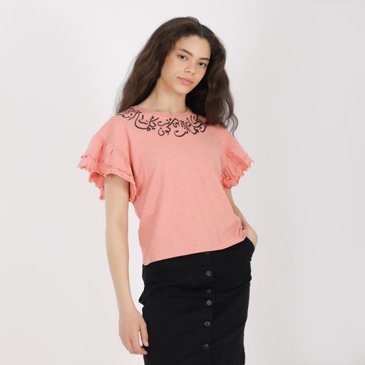 [05-010-02-208-K045-L] T-shirt femme manches courtes avec volant  كون كيما إنتي (L)