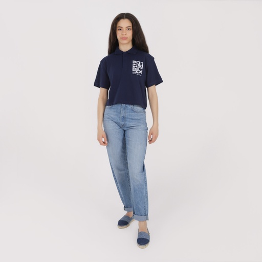 [05-010-15-052-K015-L] Polo crop femme manches courtes تطيب الحياة لمن لا يبالي (Bleu Marine, L)