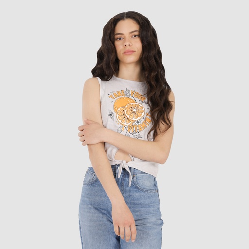 [05-010-12-128-K579-L] Débardeur crop femme nouée TAKE YOUR VITAMIN C (L)