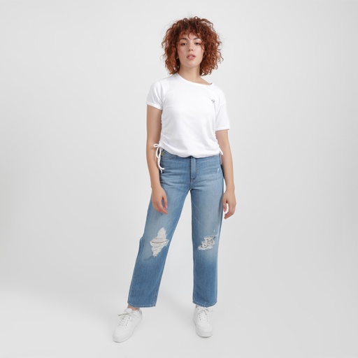 [05-010-02-230-K000-L] T-shirt côtelé femme manches courtes avec cordon de serrage (Blanc, L)