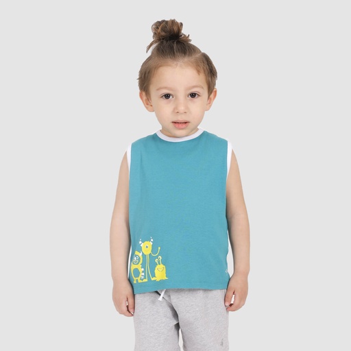 [05-010-12-134-K061-12M] Débardeur côtelé bébé contrasté MONSTERS (Bleu Turquoise, 12M)