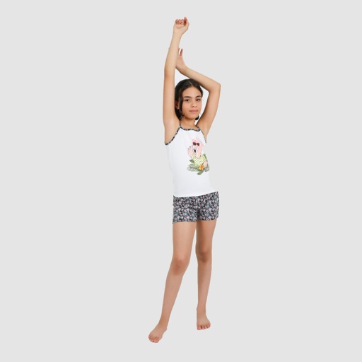 [05-010-70-008-K807-10A] Ensemble fille bretelle et short FLAMANT ROSE (Blanc &amp; Imprimé Petit Flamant, 10A)