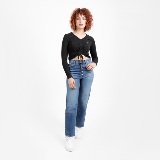 [05-010-02-263-K040-L] T-shirt femme manches longues avec cordon de serrage (Noir, L)