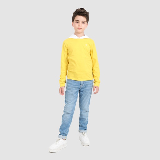 [05-010-02-277-K822-10/12A] T-shirt garçon manches longues avec capuche (Jaune &amp; Blanc, 10/12A)