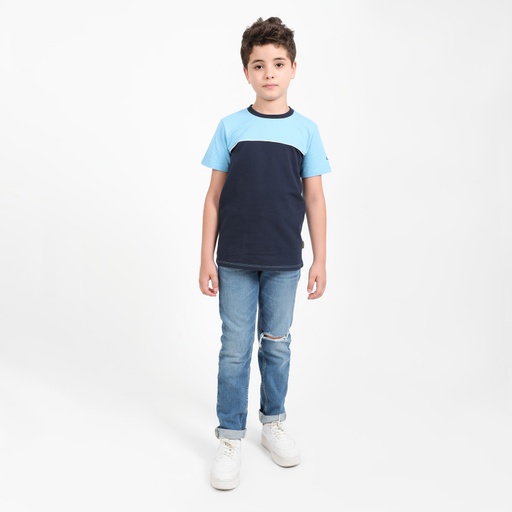 [05-010-02-153-K829-10/12A] T-shirt garçon bi-couleurs avec pipping (Bleu Clair &amp; Bleu Marine, 10/12A)