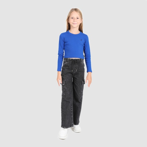 [05-010-02-287-K134-10/12A] T-shirt crop côtelé fille manches longues (Bleu Roi, 10/12A)