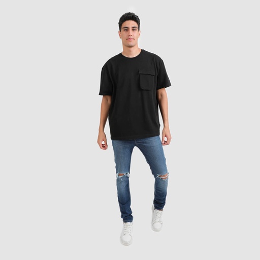 [05-010-02-244-K040-L] T-shirt oversized homme manches courtes avec poche soufflet (Noir, L)