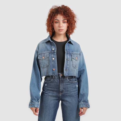[01-010-10-046-K419-L] Cropped jacket femme en jeans - KINDA (Jeans  Bleu Moyen, L)