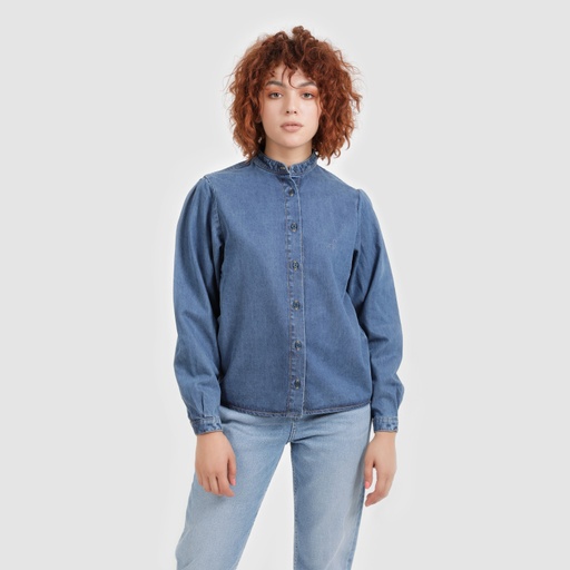 [01-010-121-001-K419-L] Blouse femme col tunisien en jeans - TIBA (Jeans Bleu Moyen, L)