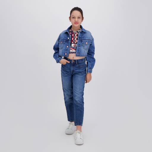 [01-010-10-056-K490-10-12ANS] Cropped jacket fille en jeans avec broderie anglaise (Jeans Bleu foncé, 10-12A)