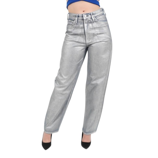 [01-010-01-468-K885-24] Straight jeans femme métallique - SARRA (Jeans Bleu Moyen Effet Metallique Argent, 24)