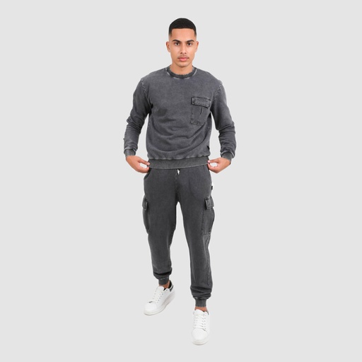 [05-010-36-132-K890-L] Sweat homme avec poches soufflées délavé (Noir Délavé, L)