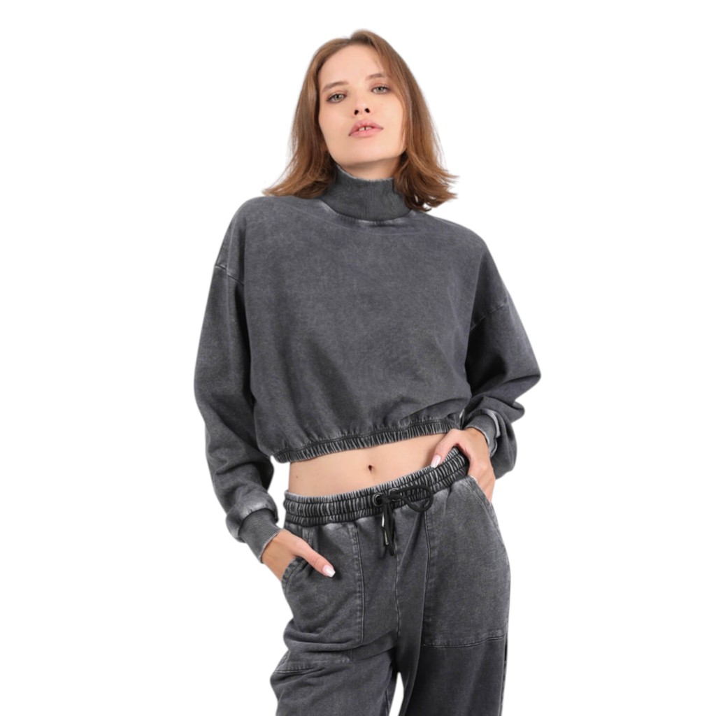 Sweat crop délavé femme col cheminé