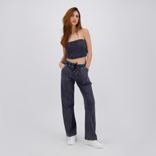 [05-010-65-045-K890-L] Jogger délavé jambe droite femme avec poches plaquées (Noir Délavé, L)