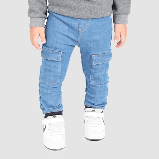 [01-010-01-470-K419-12-18MOIS] Jogger cargo bébé avec ceinture en cote en jeans (12-18M)