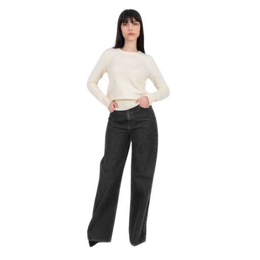 [05-010-02-524-K100-L] Pull femme avec détail broderie en maille fine (Blanc Cassé, L)