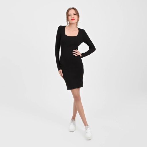 [05-010-17-081-K040-L] Robe moulante femme col carré en maille fine (Noir, L)