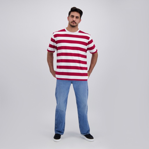 [05-010-02-537-K890-L] T-shirt oversized homme rayé manches courtes (Blanc Rayé Rouge, L)