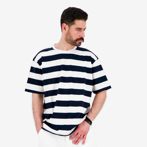 [05-010-02-537-K891-L] T-shirt oversized homme rayé manches courtes (Blanc Rayé Bleu, L)