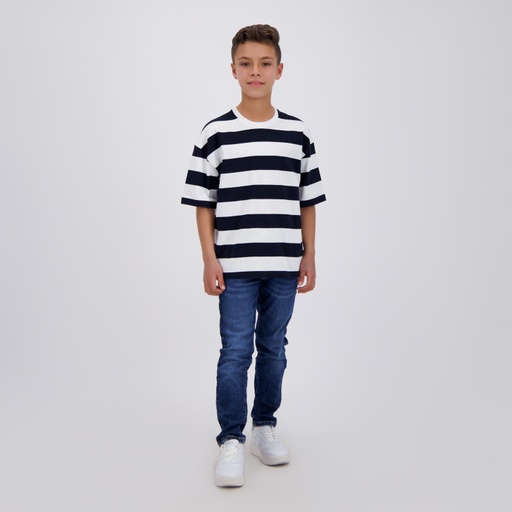 [05-010-02-540-K891-10/12A] T-shirt oversized rayé garçon manches courtes (Blanc Rayé Bleu, 10/12 A)