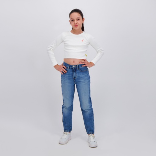 [05-010-02-556-K100-10/12A] T-shirt crop fille manches longues avec broderie (Blanc Cassé, 10/12A)