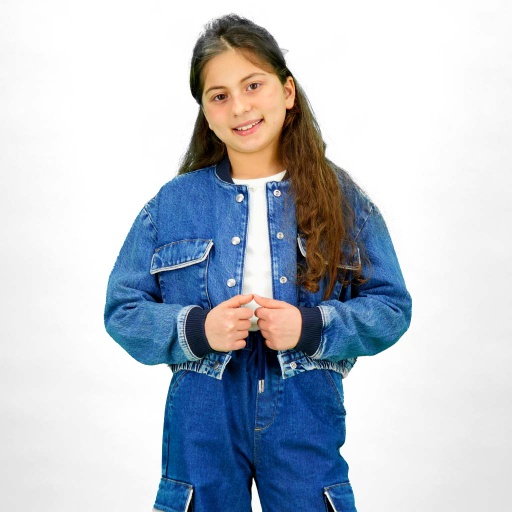 [01-010-10-065-K419-10-12A] Workwear cropped jacket fille en jeans avec piping (10/12 A)