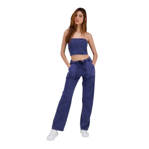 [05-010-65-045-K891-L] Jogger délavé jambe droite femme avec poches plaquées (Bleu Marine Délavé, L)