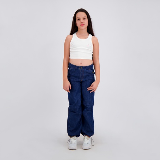 [05-010-59-011-K100-10/12A] Top côtelé fille avec broderie (Blanc Cassé, 10/12A)