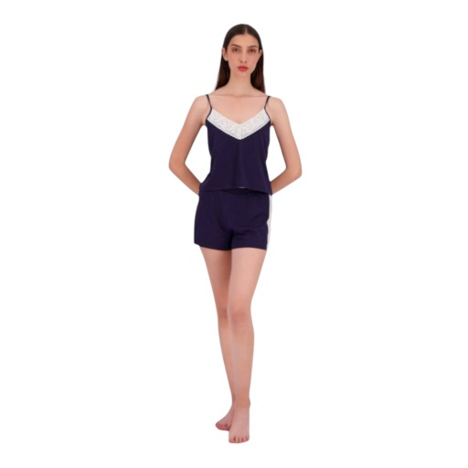 [05-010-70-012-K015-L] Ensemble femme bretelle et short avec dentelle fine (Bleu Marine, L)